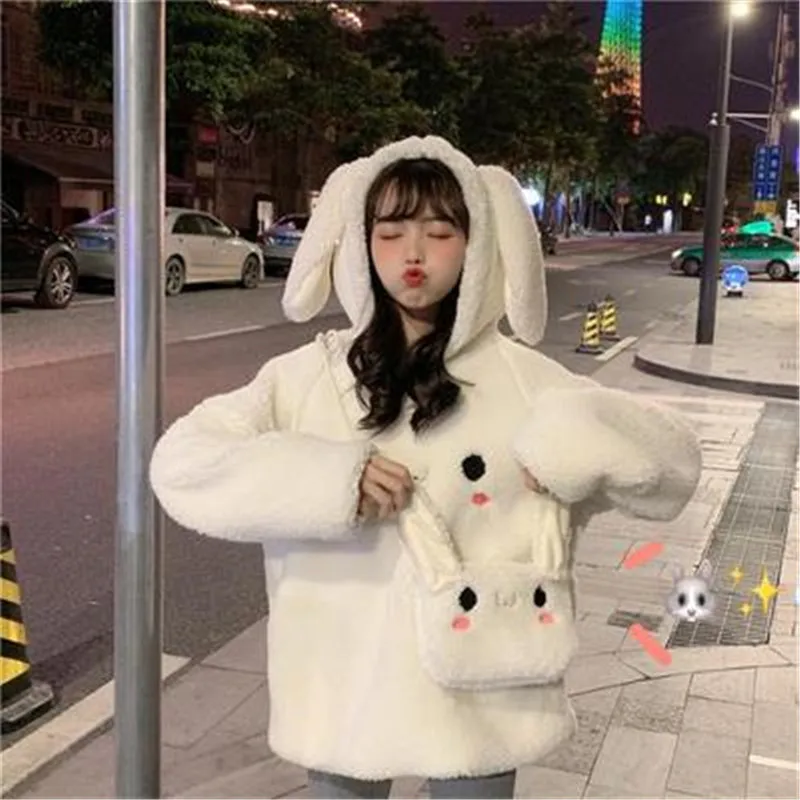 

Women Long Sleeve Sweet Kawaii Warm Hooded Jumper Loose Sweatshirts Lady Casual Animal Ears Pullover Tops Cute Streetwear Female