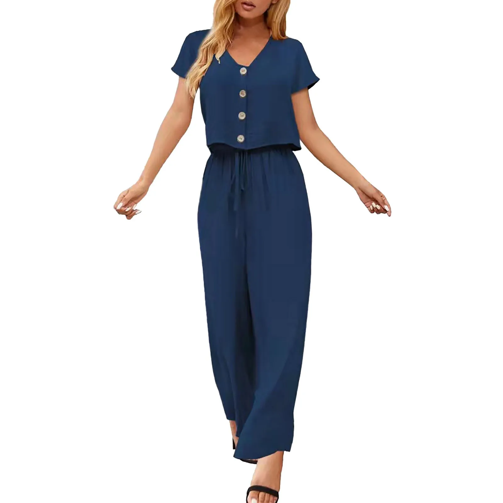 

Summer Loose Casual Suit Women Wide Leg Overalls Lapel Neck Short Sleeve Long Rompers Loose Vintage Casual Commuter Clothing