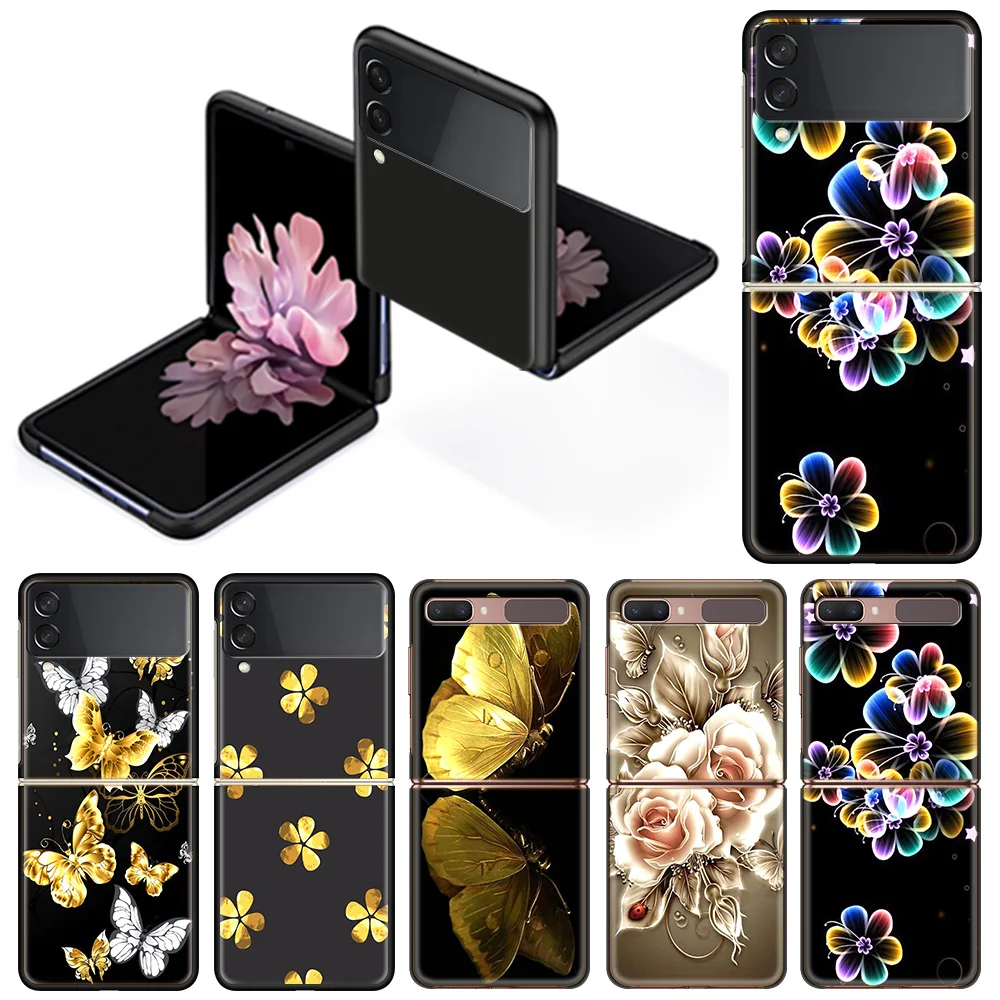

Gold Flower Butterfly Case for Samsung Galaxy Z Flip3 5G Flip 4G Shockproof Capa 6.7 Inches Black Hard PC ZFlip 3 Phone Covers