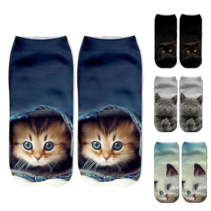 

1Pair Fashion Designer Women Ankle Socks Funny Cartoon Girl Boy 3D Cat Printed Underwear Cotton Sports Cute Women Ankle Socks
