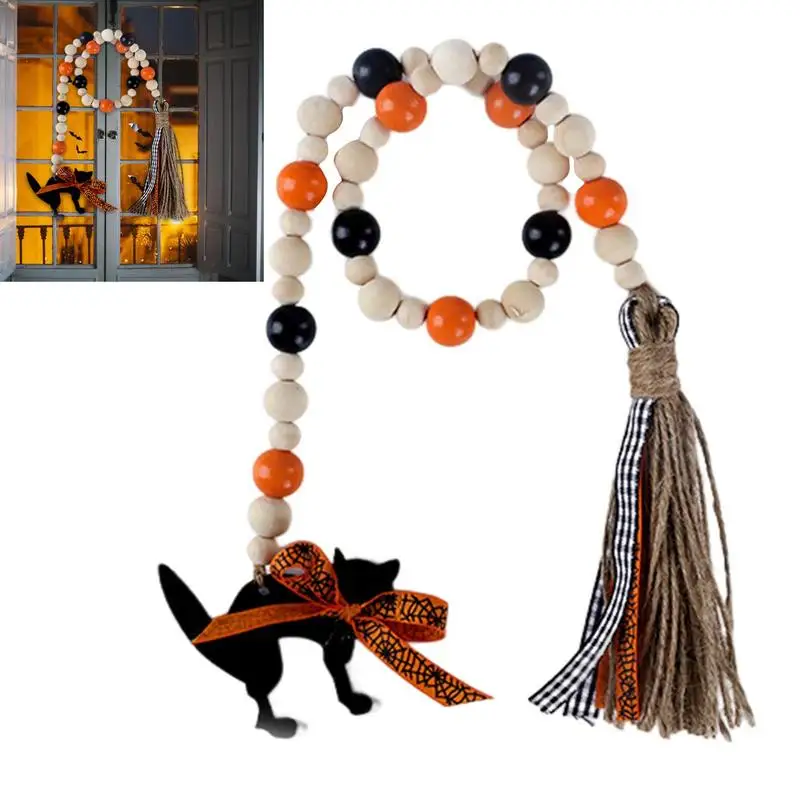 

Halloween Wood Bead Tassel Rustic Wooden Bead Garland Halloween Bead Garland With Plaid Tassels Beads For Thanksgiving Farmhouse