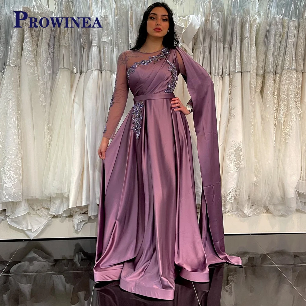 

Prowinea O-Neck A-LINE Pleat Evening Gowns For Women Full Sleeve Crystals Sequined Illusion Vestidos Robes De Soirée Custom Made