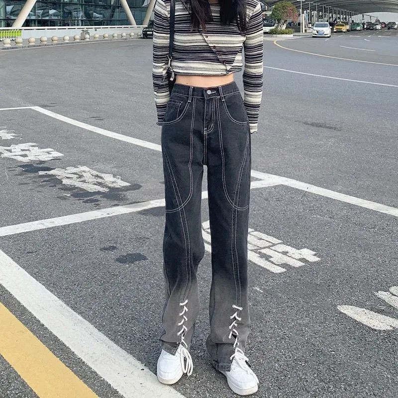 

Gradient High Waist Jeans Women Lace Up Straight Wide Leg Pants
