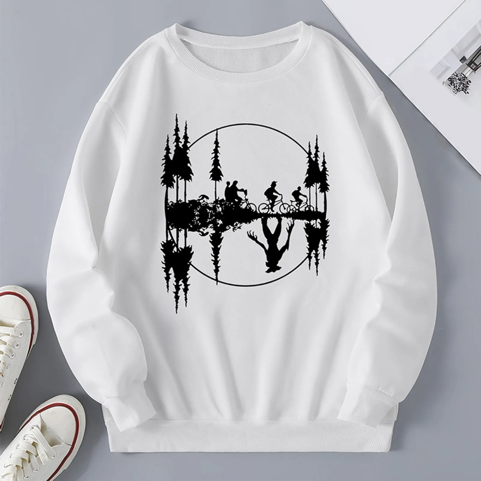 

Fall Shirt Womens Autumn Winter Round Neck Upside Down Bike Print Fleece Loose Fit Sweater Doors Sweatshirt Women