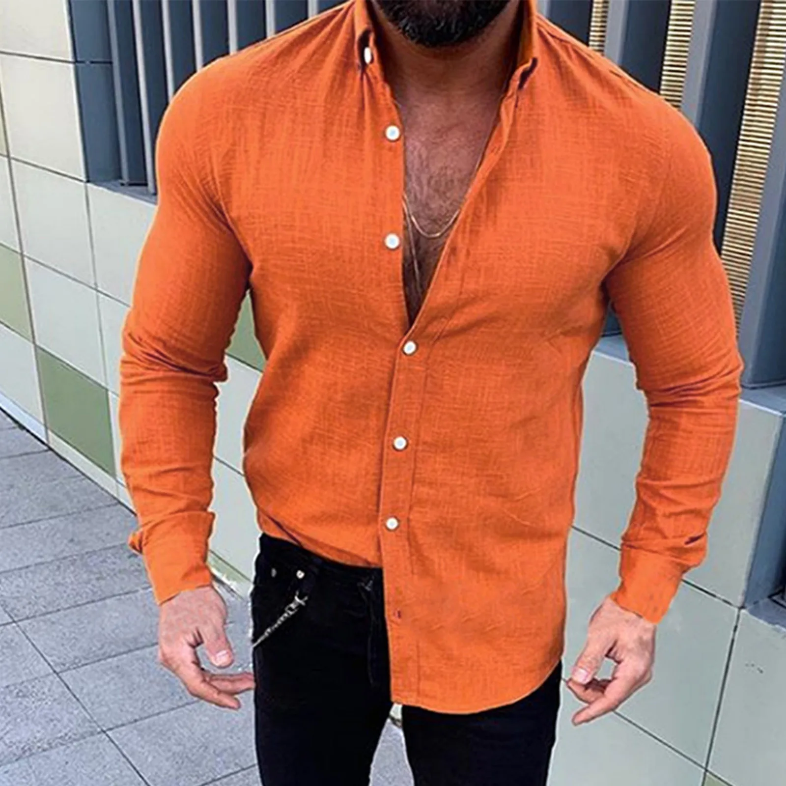 Linen Solid Shirt Men's Long Sleeved Spring Summer Breathable Shirt Blouse Casual Pullover Single-breasted Mens Tops 2022