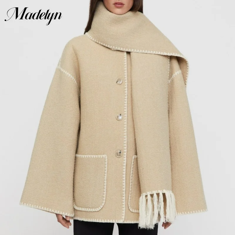 

Fashion Patchwork Coat with Scarf 2023 Autumn Winter Long Sleeve Pocket Jacket Women Elegant Single Breasted Warm Overcoat Tops