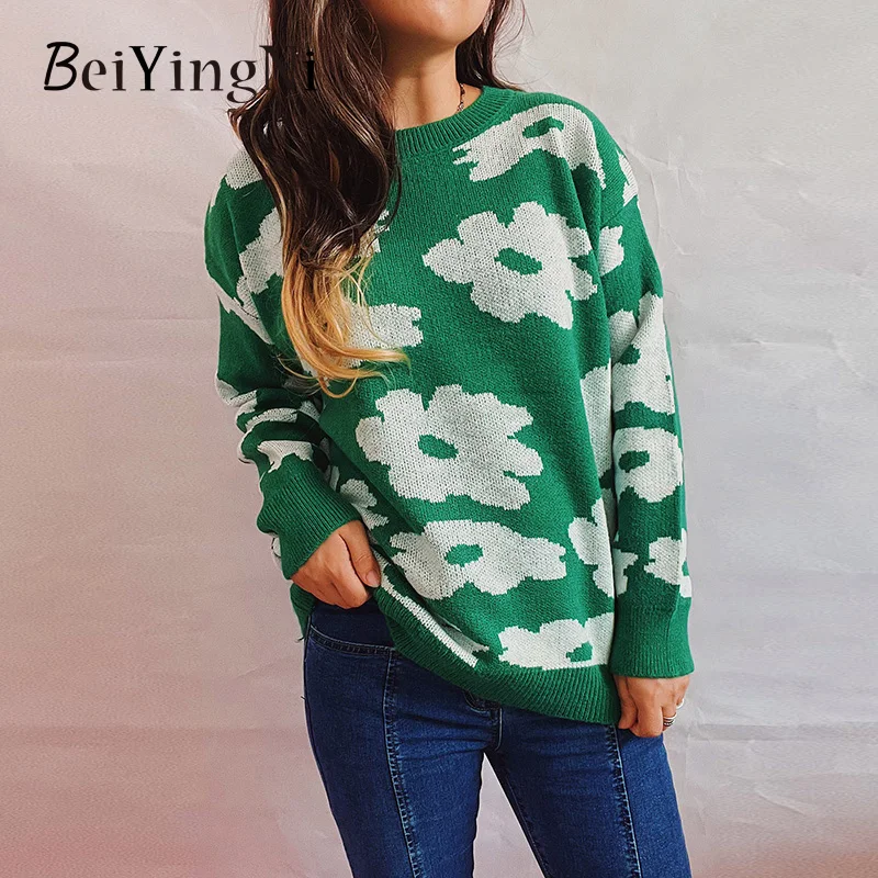 

Beiyingni 2022 Autumn Winter Women's Sweater O-neck Long Sleeve Floral Printed Slim Female Pullover Knitting Vintage Red Jumper