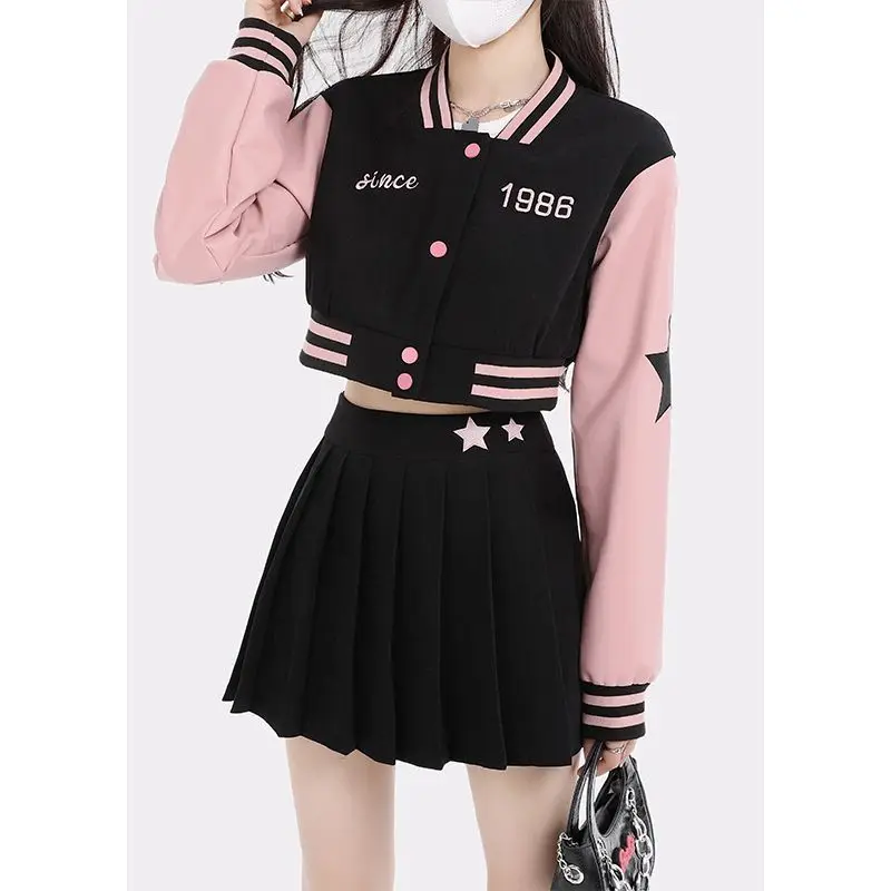 

Шикарная модная Женская бейсбольная одежда Hikigawa, винтажная уличная одежда, короткое пальто в полоску контрастных цветов + плиссированная мини-юбка с высокой талией