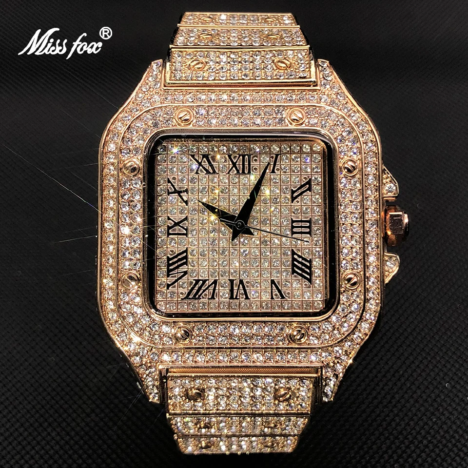 

MISSFOX Hip Hop Men Watch With Diamond Rose Gold Stainless Steel Wristwatch For Male Luxury Trendy Iced Out Jewelry Clock Square