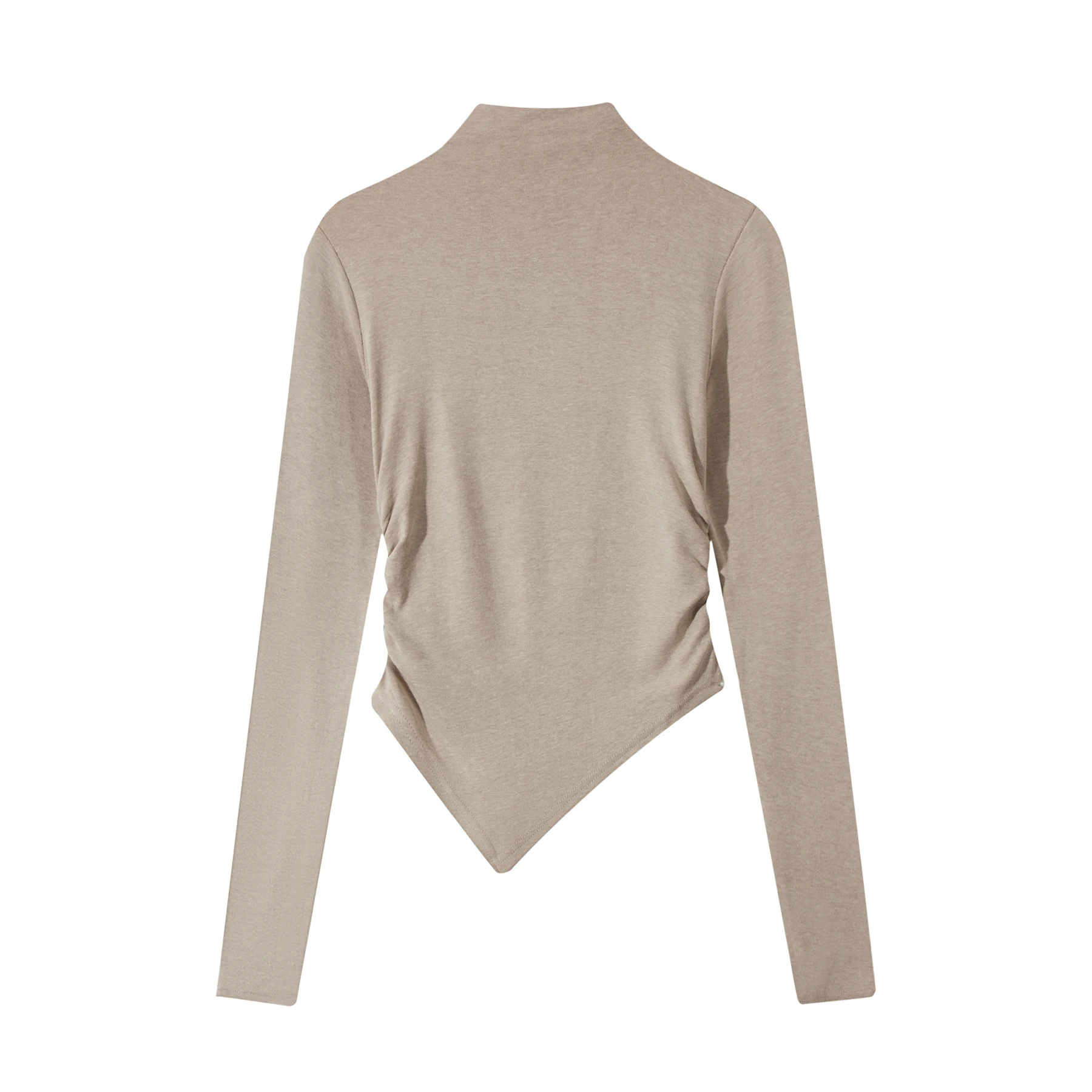 Xiaoyunmi Milk Tea Waist Hugging Pleat Half-high Collar Bottoming Shirt Women Autumn Tight Stretch Unique Hem Inner wear Top |