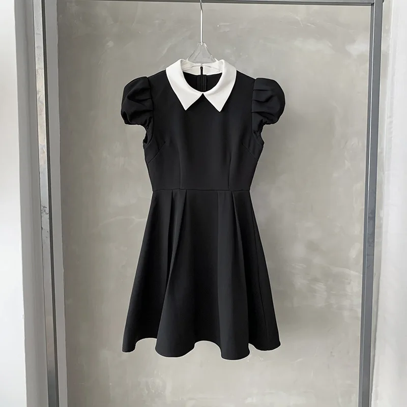 

Vintage Elegant Puff Sleeve Little Black Dress New Party Clothing French High Waist Thin Polo Collar Pleated Midi Dress Summer