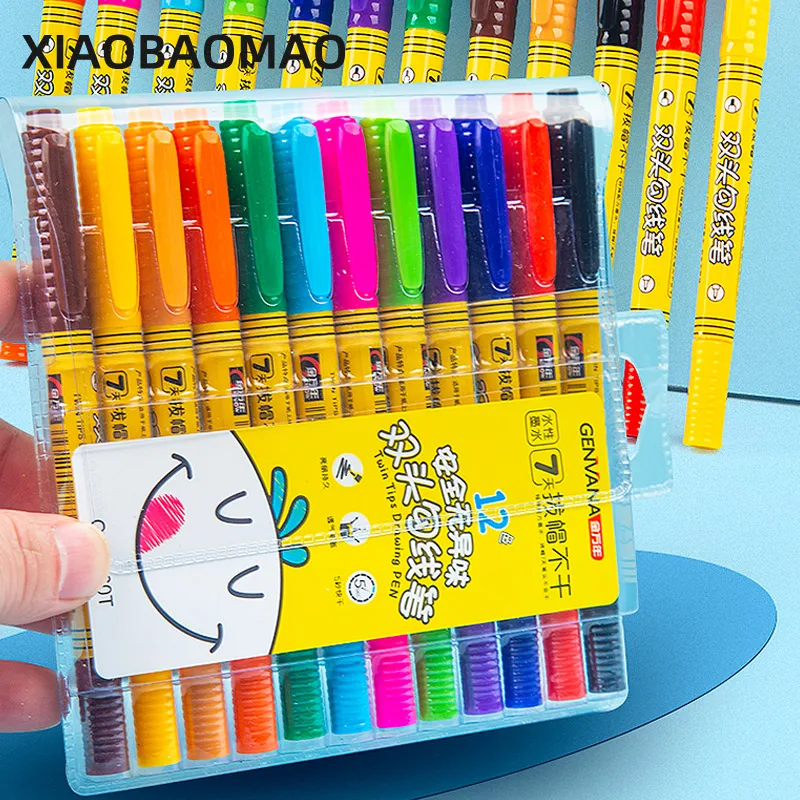 12 Pcs/set Twin Tip Colored Permanent Art Markers Pens Fine Point Waterproof Oily Color Ink Sketchbook Painting School Supplies