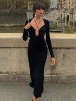 y2k 2022 spring fall fashion black halter cutou long sleeves maxi womens clothes sexy casual outfits elegant prom party dresses