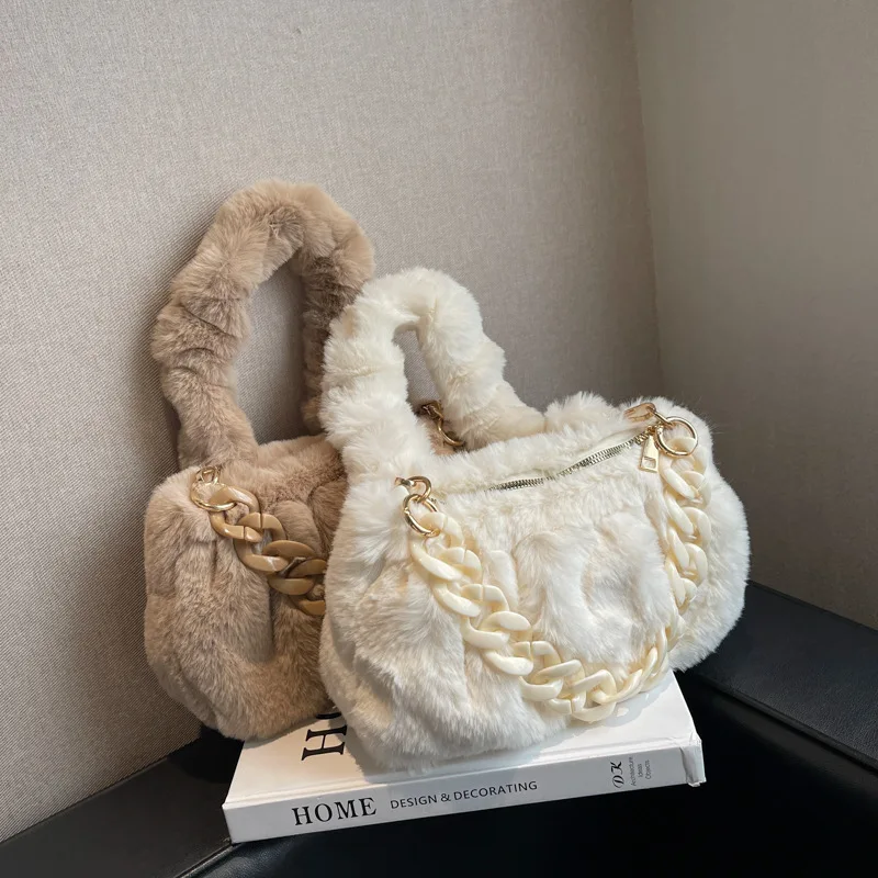 

Роскошная дизайнерская женская плотная сумка через плечо с акриловой цепочкой, 2022, зимняя мягкая плюшевая сумка, сумка для покупок из искус...