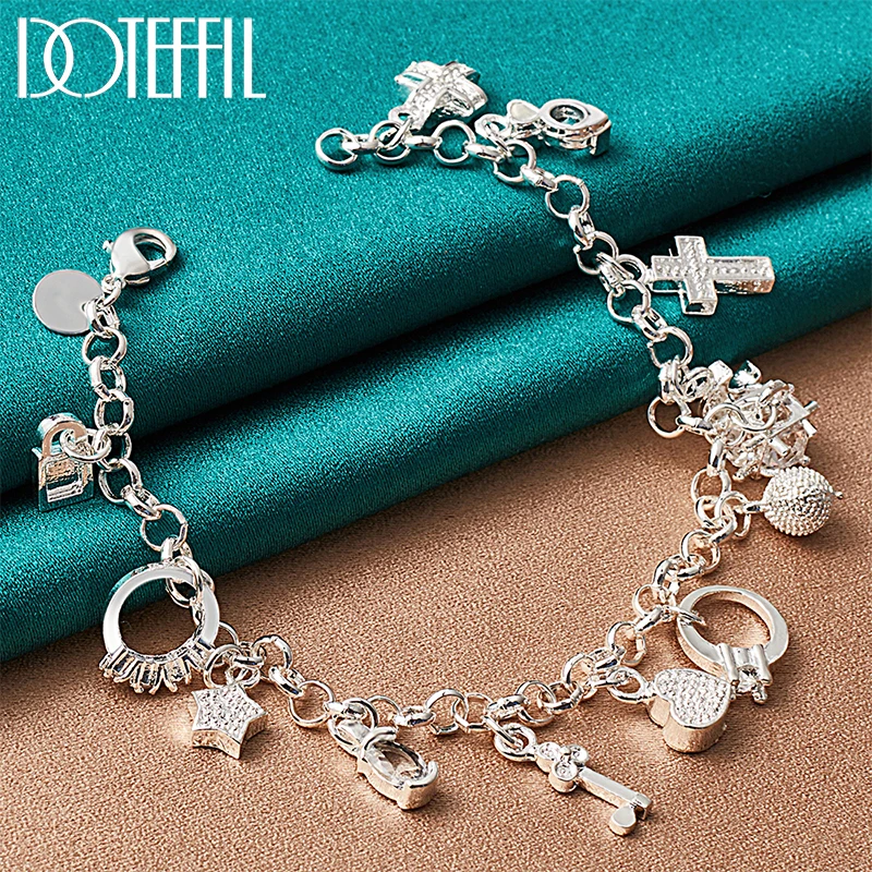 

DOTEFFIL 925 Sterling Silver Moon Heart Lock Cross Bracelet Chain For Man Women Charm Wedding Engagement Party Fashion Jewelry