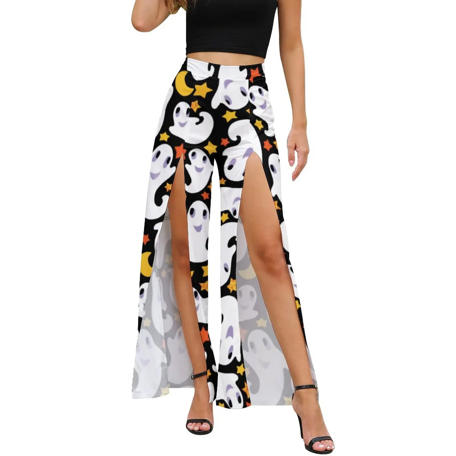 

Halloween Ghost Pants Women Happy Ghosts Print Night Club Pattern Wide Pants Summer Front Slit Korean Fashion Trousers