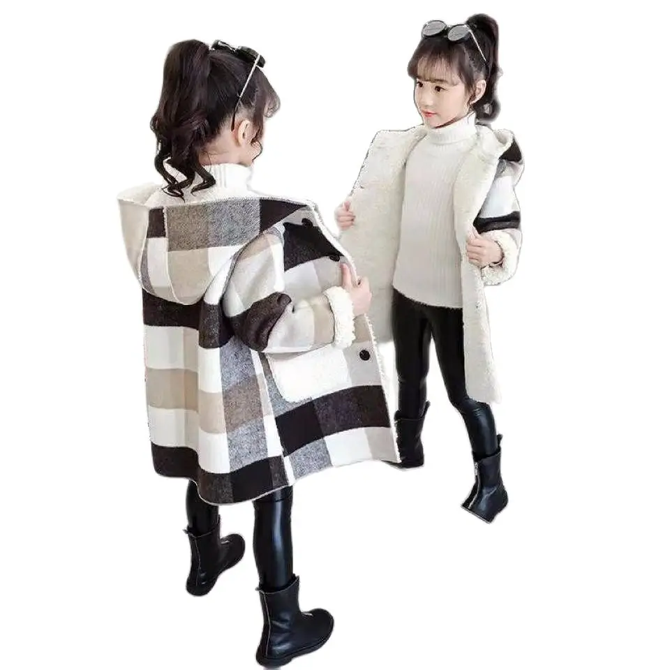 

Autumn Winter Girls Casual Jackets Warm Hooded Outerwear Fashion Woolen Long Coat Children Clothing Teeange Girls Outfits 12 14Y