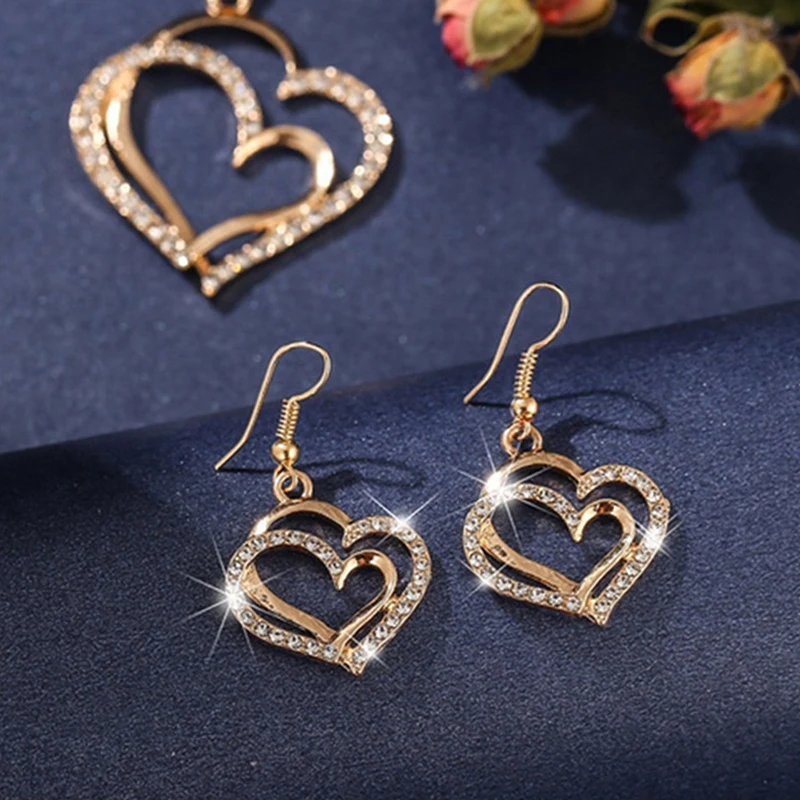 

Double Love Hearted Silver Golden Necklace Jewelry Beautiful Bracelet Neck Chain Earring Set for Women Valentine's Day Gift 2022