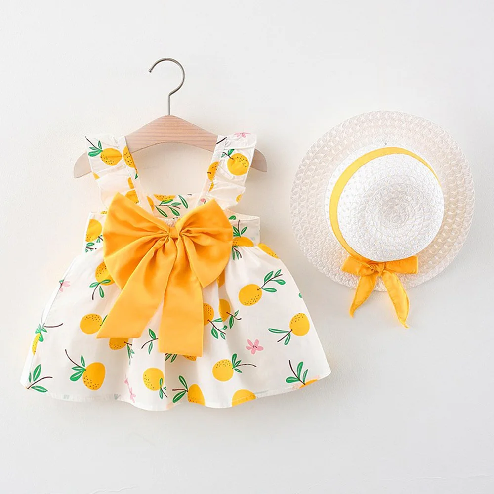 

First Birthday Girl Dress Cotton Flying Sleeve Big Bow Backless Princess Summer Children Clothing With Hat