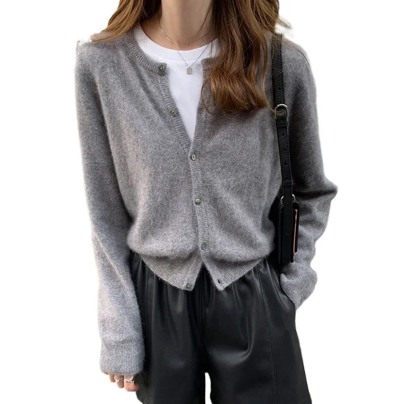 Универсальный вязаный топ женский однотонный свитер с круглым вырезом свободная