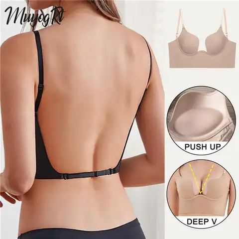 Push Up Bra Backless Women Bras Low Cut Sexy Plunge Brassiere Open Back Wedding Underwear Invisible Seamless Deep U Lingerie