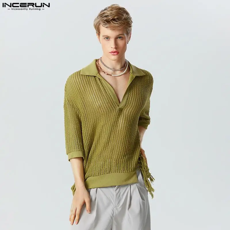 

2023 Men Shirt Knitted Tassel Patchwork Lapel Short Sleeve Men Clothing Streetwear Loose Hollow Out Fashion Camisas INCERUN