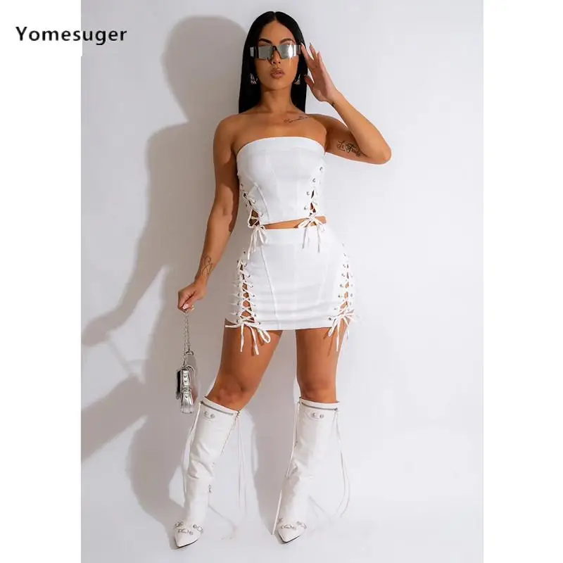 

Комплект повседневного бандажного мини-платья Yomesuger, модный топ-труба и облегающая мини-юбка, комплект из 2 предметов, 2023, Сексуальные клубные черные женские наряды