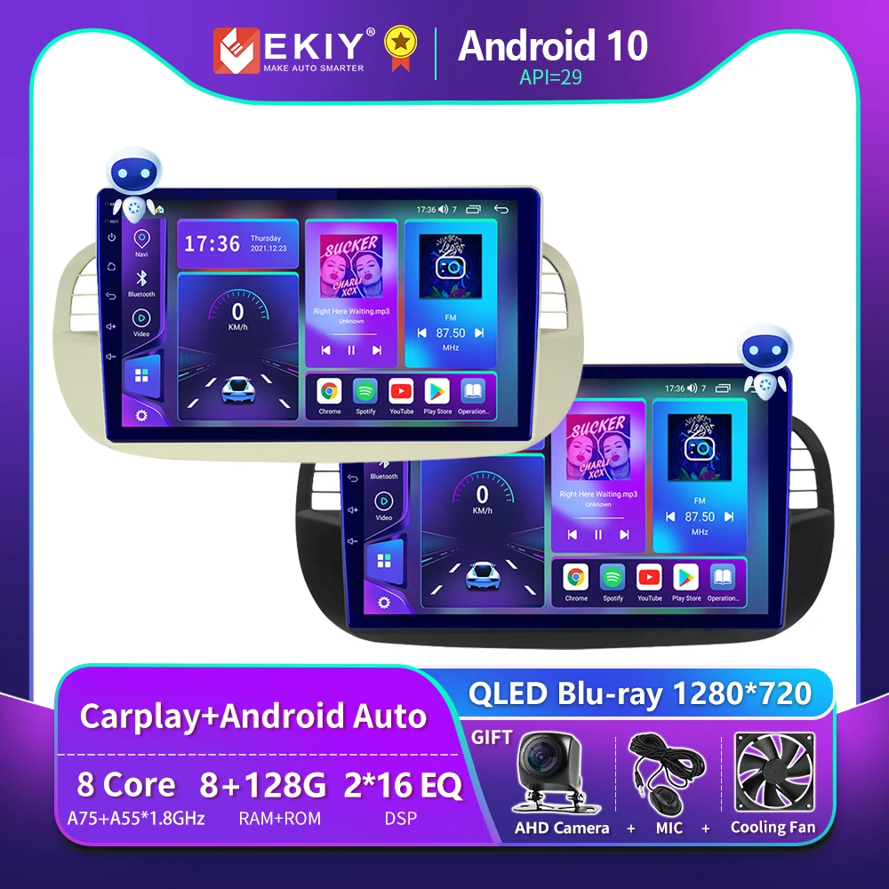 EKIY T900 Blu-ray QLED для FIAT 500 2009 2010 2011 2012 2013 - 2015 Автомобильный радиоприемник