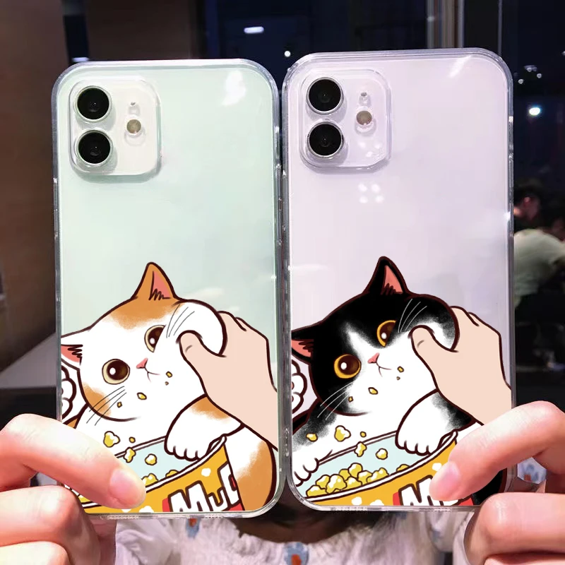 

Cute Cat Kitten For iPhone 11 Pro Max 12 13 Pro Mini X XR XS Max Se2 6 6S 7 8 Plus Clear Phone Case Coque Funda Black Shell