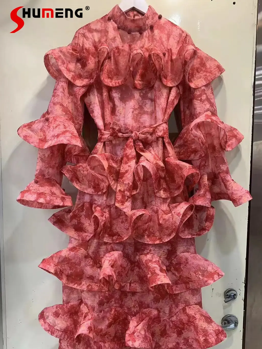 

2023 Spring Summer New Sweet Elegant Ruffled Sleeve Layered Long Dress Women's Fashion Slimming Trendy Chic Solid Midi Dress