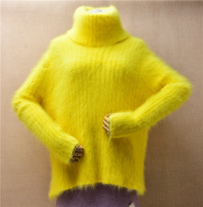 

Female Women Fall Winter Clothing Yellow Hairy Striped Hairy Mink Cashmere Knitted Turtleneck Loose Pullover Angora Fur Sweater