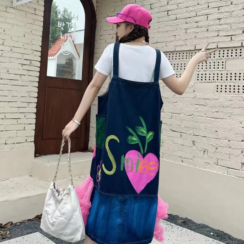 Женское джинсовое платье на бретельках голубое или розовое длинное Сетчатое из