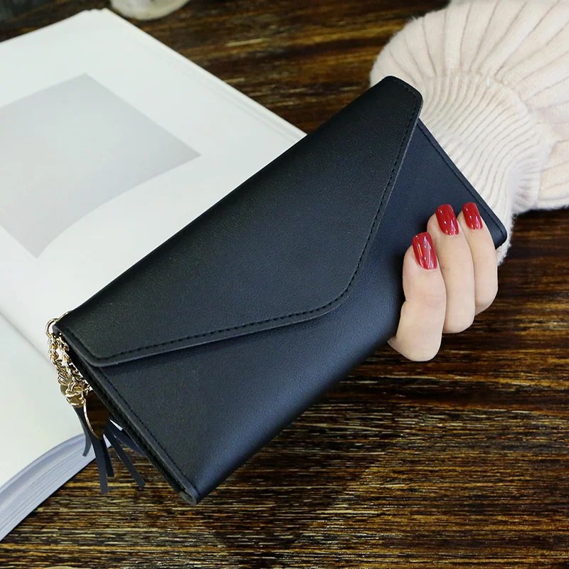 

Дизайнерский Женский Длинный кошелек-конверт из искусственной кожи, вместительный Дамский бумажник с кисточкой, клатч с несколькими отделениями для монет и мелочи