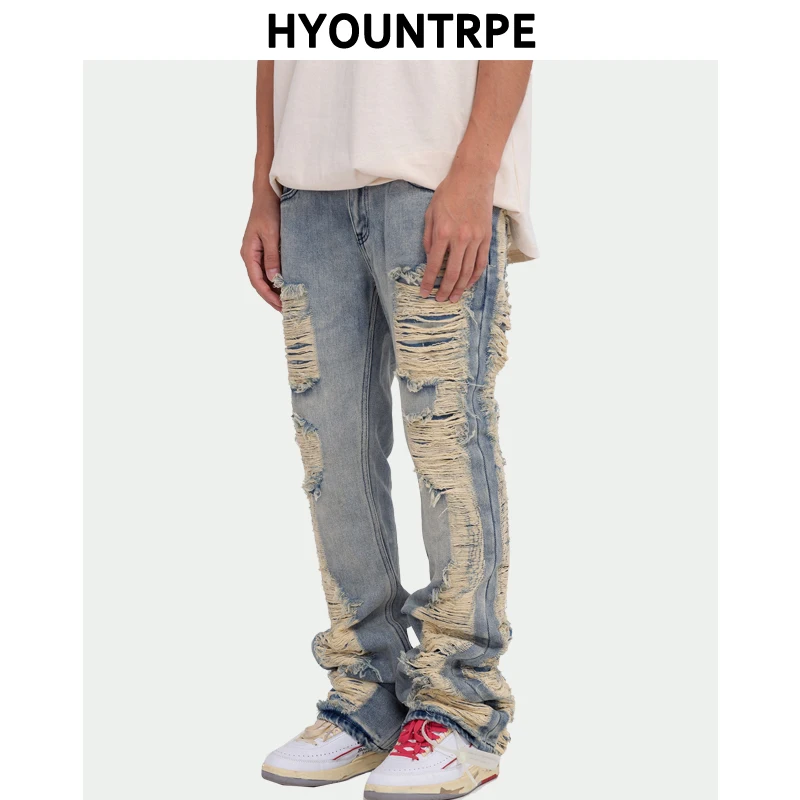 Fashion Ripped Denim Jeans Mens Destoryed Holes Zipper Straight Trousers Jeans Hip Hop Streetwear New Casual Joggers Jeans Pants