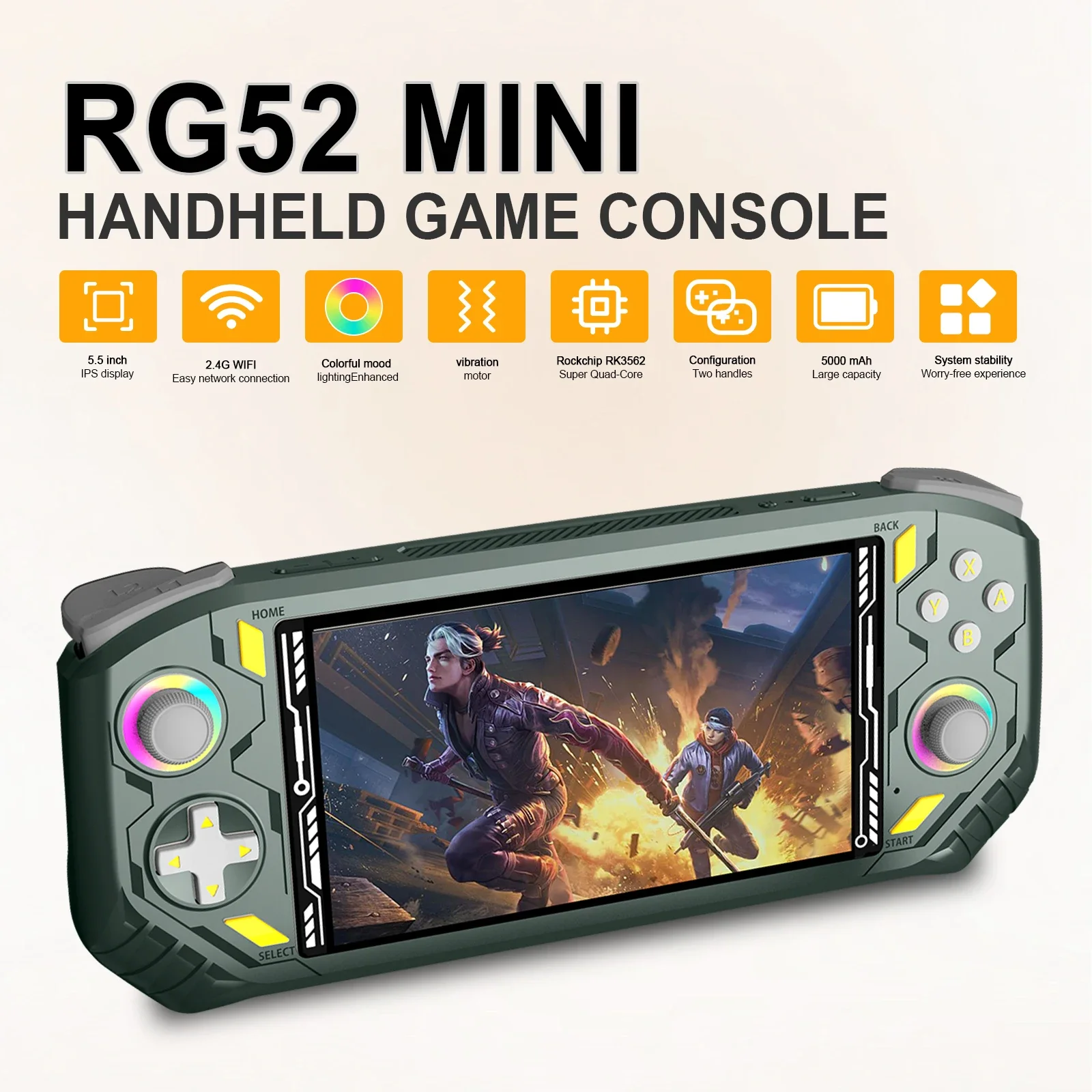Фото Портативная игровая консоль AISLPC RG52 MINI с процессором RK3562, системой EmuELEC, Wi-Fi 2.4G, Bluetooth, 5.5-дюймовым IPS-экраном и функцией видеоплеера. №1