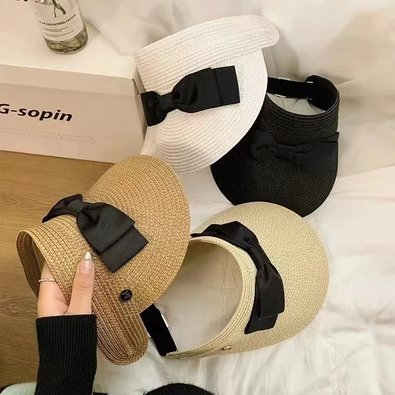 Sombrero de paja tejido с lazo для женщин gorra sol visera ancha анти-УФ Пляжная свободная летние