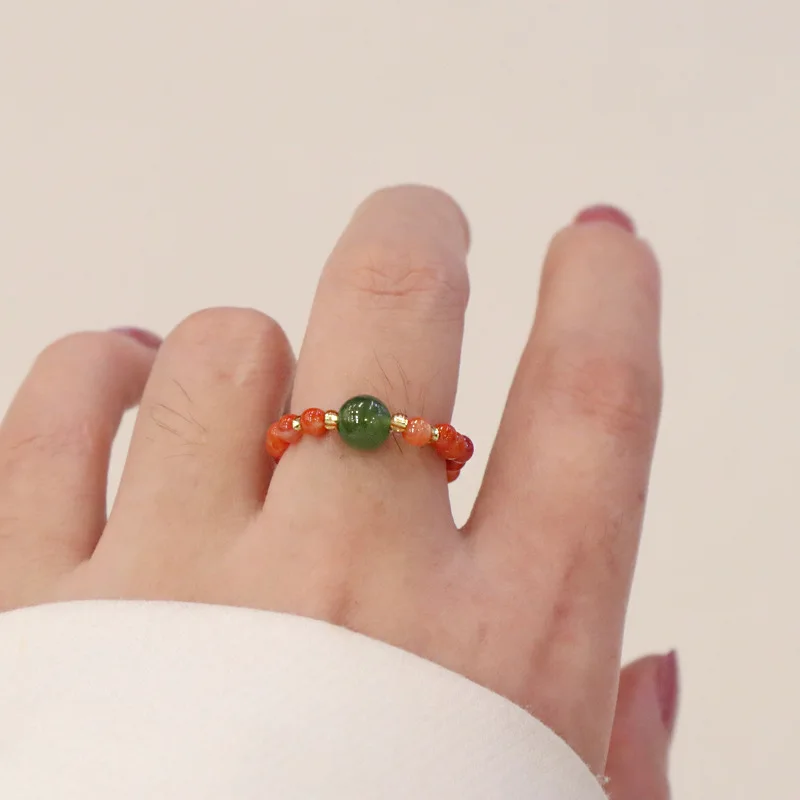 

Natural Garnet Beaded Rings for Women Girl Elegant Temperament Natural Stone Jewelry Accessories Elasticity Adjustable
