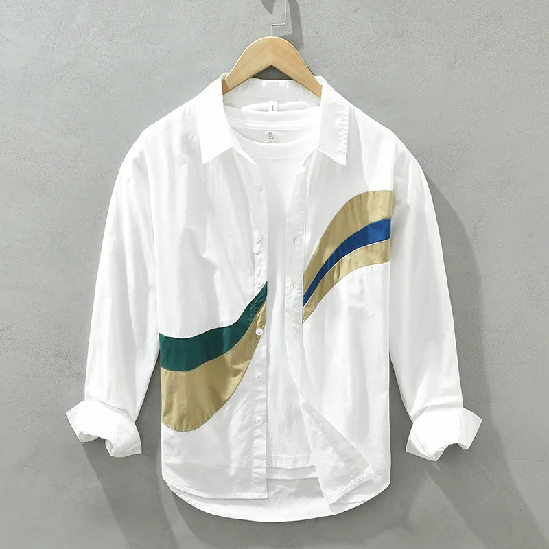 

2156 Men's Spring Fall Fashion Chic Embroidery Leisure Shirt Long Sleeve Simple Casual Loose Lapel Blouse Cotton Streetwear Tops