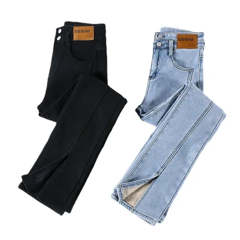 Women Winter Plus Velvet Flares Jeans High Waist Design Slit Vintage Light Blue Denim Pants Zipper Fly Streetwear Cowboy Trouser
