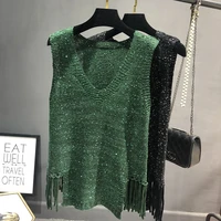 2022 spring and autumn new all match hollow knitted sequined vest vest loose sleeveless all match bingbing net red ladies top