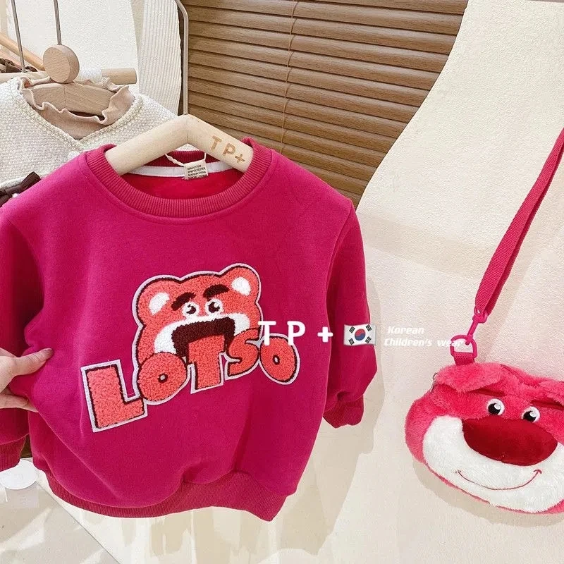 

Girls baby plush sweater new fashion children's cartoon strawberry bear sweatshirt girls autumn and winter clothes