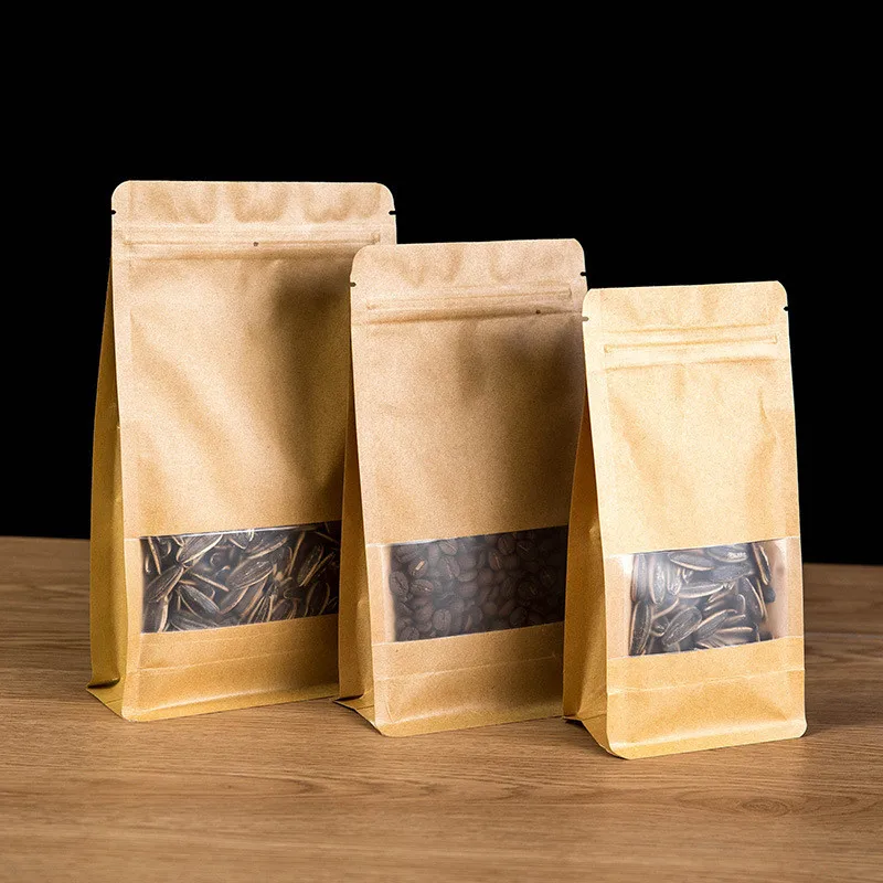 

50pcs Clear Window Kraft Paper Waterproof Oilproof Sealed Zipper Stand Up Thicken 32C Food Packaging Bags