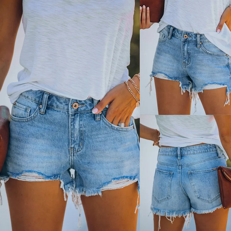 

2022 Spring Summer Women's Jeans Shorts Denim Button Fly Ripped Tassels Casual Fashion High Waist Women Shorts Pants