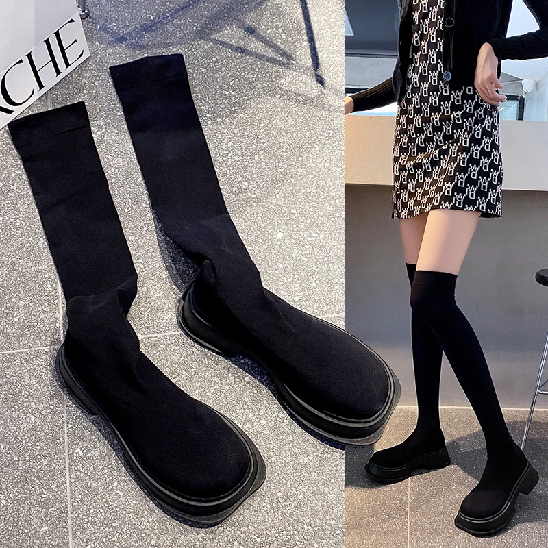 Women Leather Shoes Spring Winter High Platform Heels Elasticity Motorcycles Black Boots Goth Thigh High Boots Platform Shoes