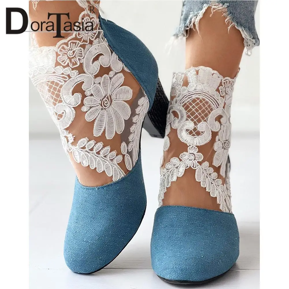 New Ladies Summer Autumn Ankle Boots Fashion Denim Lace Embroider Mesh Breathe Thick High Heels women's Boots Party Shoes Woman