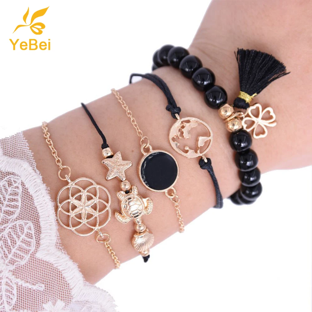 

5PCS Bohemian Bracelets for Women 2022 Summer Jewelry Black Sports Leisure Stone Beaded Bracelet Couples Gifts Free Shipping