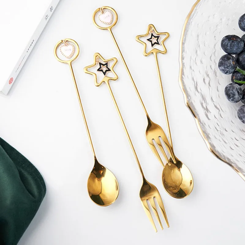 

Stainless Steel Spoon Fork Creative Five-pointed Star Shaped Pendant Mixing Spoon Fork Gold Heart-shaped Home Kitchen Tableware