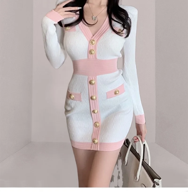 

New Knitted Sexy Bodycon Dress Women Long Sleeve Slim Mini Sweater Dress Korean Fashion Vintage Vestidos Feminino Robe Femme