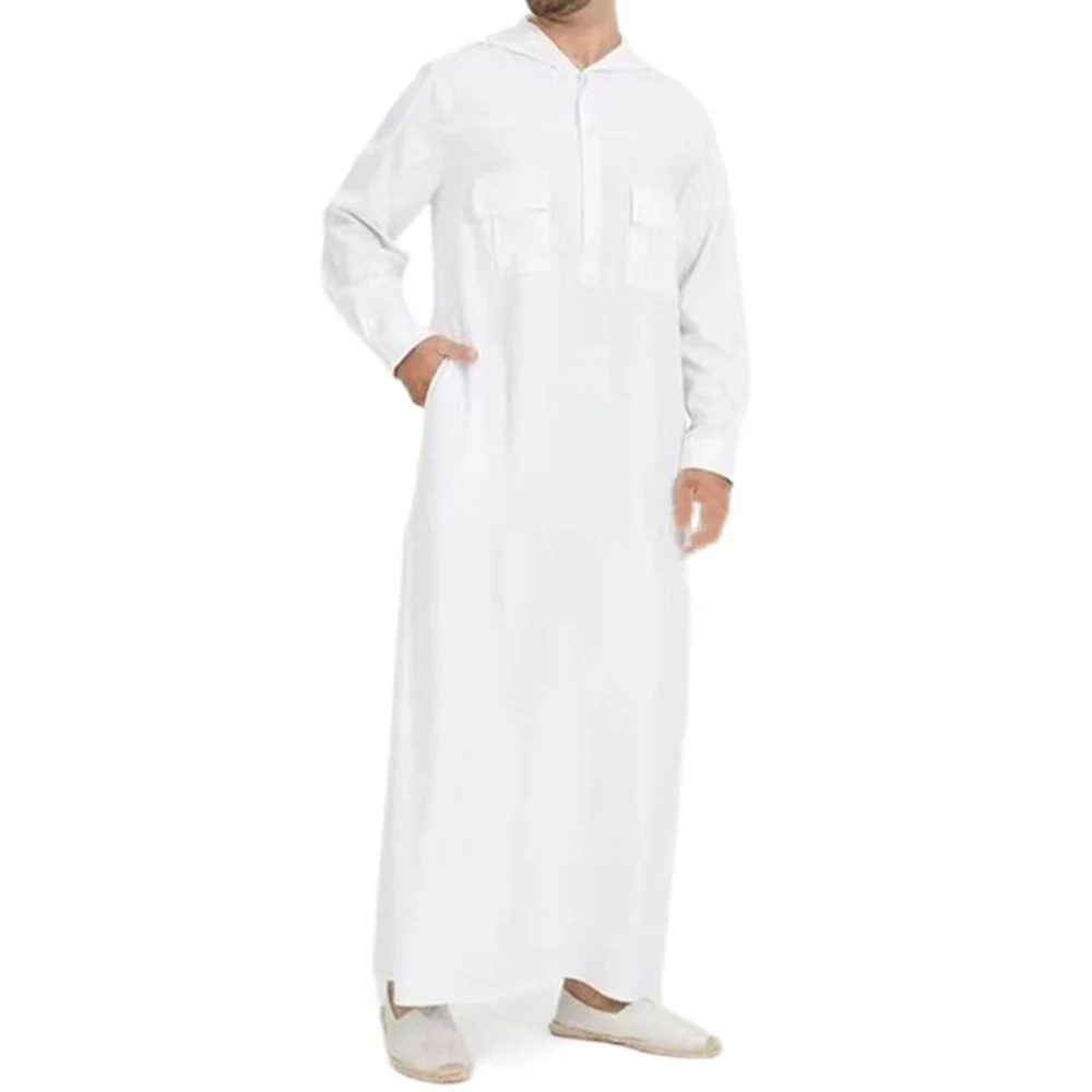 Middle Eastern Ethnic Costumes Muslim Robe Simple Line Male Gentleman Luxury Arabic Islamic Embroidery Hooded Robe