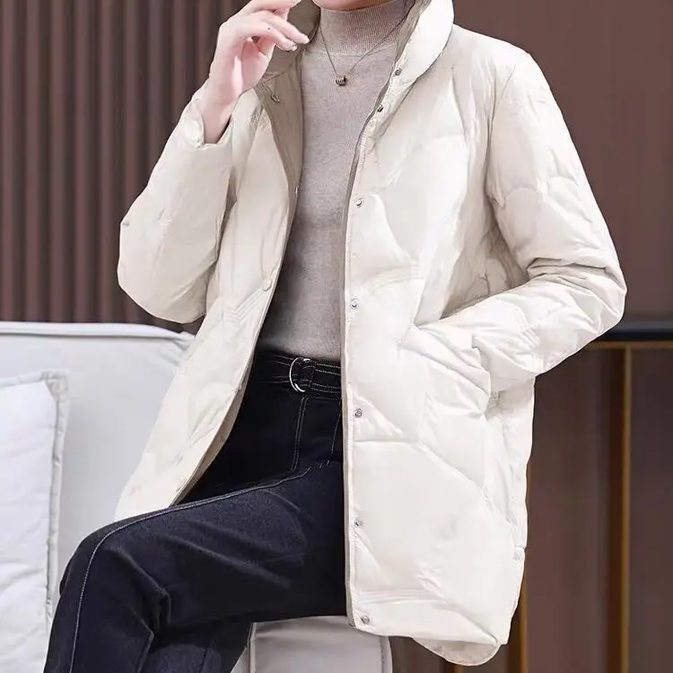 New Winter Women White Duck Down Coat Female Stand Collar Mid-Long Coat Casual Lady Outwear Down Pockets Buttons Ladies M12